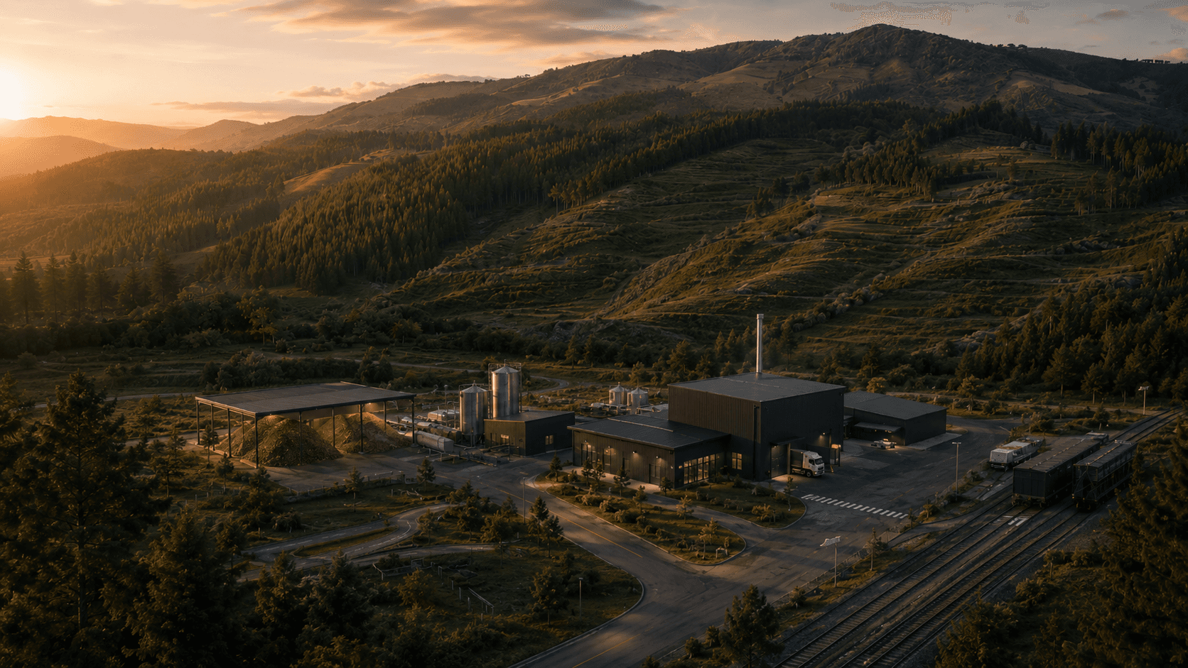 Cinematic aerial view of a carbon refinery facility set into forested New Zealand hills