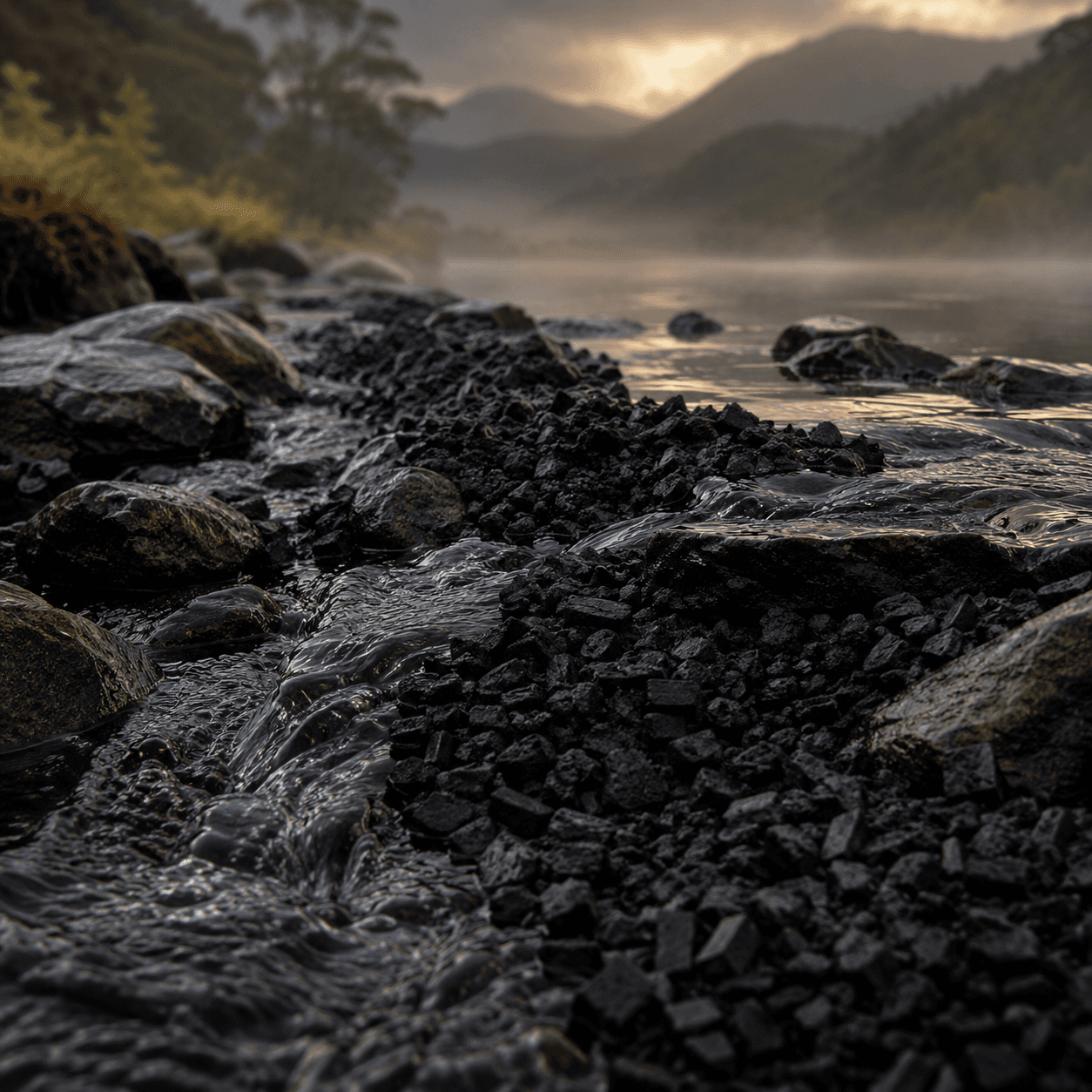 Carbon media beside flowing water in a mountain landscape